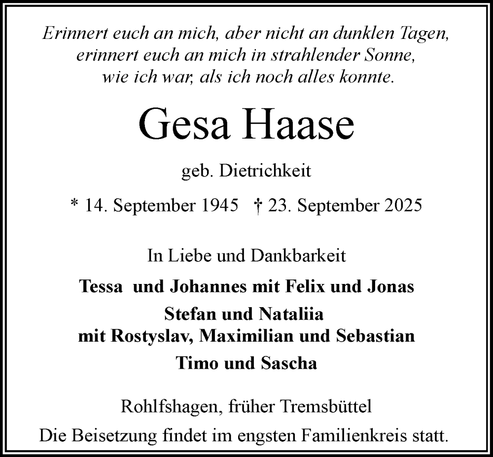 Traueranzeige für Gesa Haase vom 04.10.2025 aus MARKT Ahrensburg/Bargteheide/Trittau und Stormarner Tageblatt