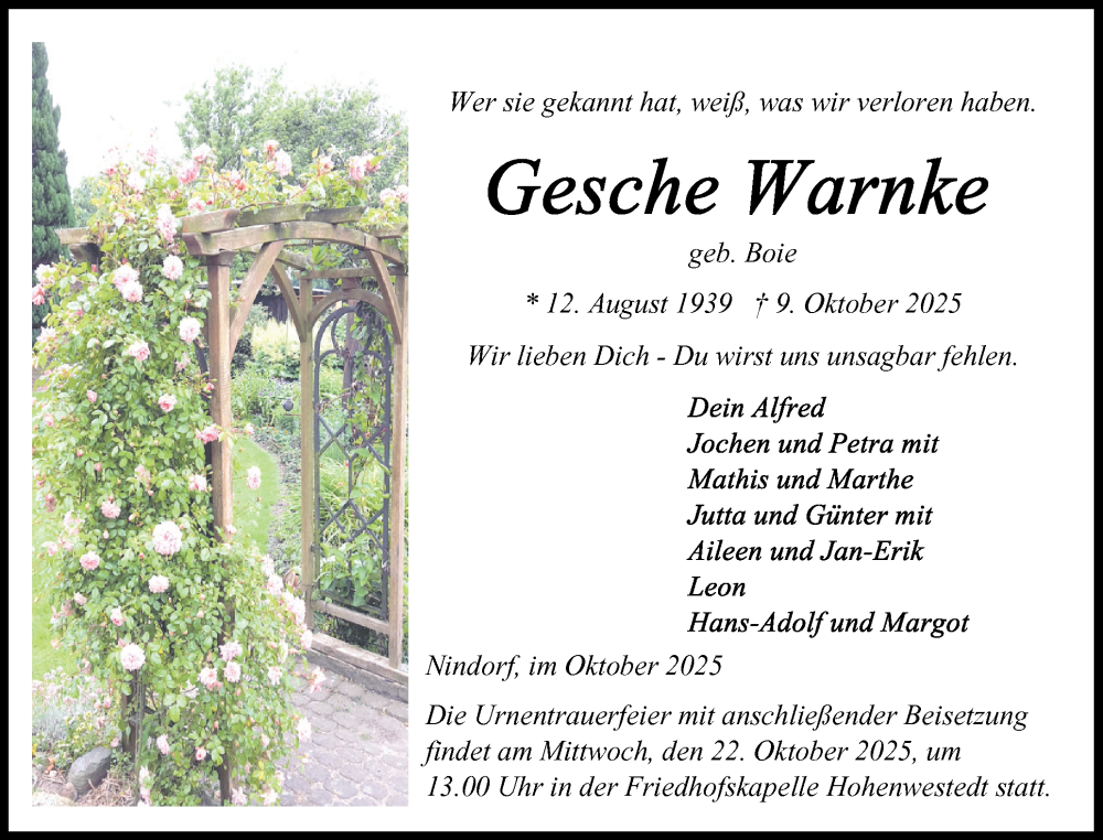 Traueranzeige für Gesche Warnke vom 18.10.2025 aus Schleswig-Holsteinische Landeszeitung