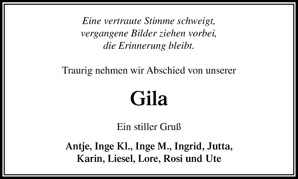  Traueranzeige für Gila  vom 18.10.2025 aus MARKT Bad Oldesloe/Reinfeld und Stormarner Tageblatt