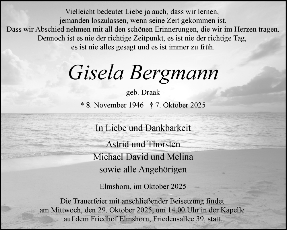  Traueranzeige für Gisela Bergmann vom 18.10.2025 aus Elmshorner Nachrichten, Barmstedter Zeitung