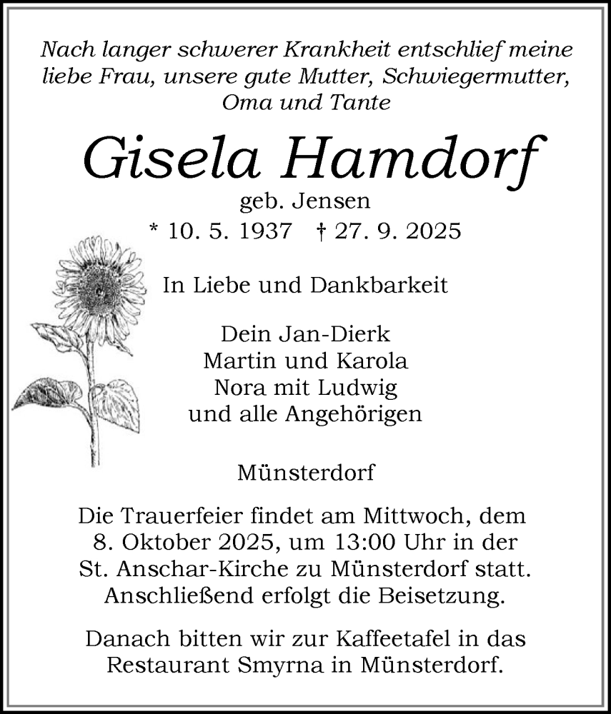  Traueranzeige für Gisela Hamdorf vom 04.10.2025 aus Norddeutsche Rundschau, Wilstersche Zeitung, Glückstädter Fortuna