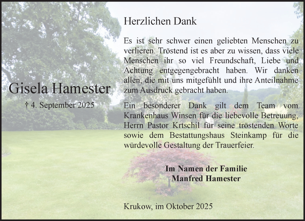  Traueranzeige für Gisela Hamester vom 04.10.2025 aus Wochenend Anzeiger
