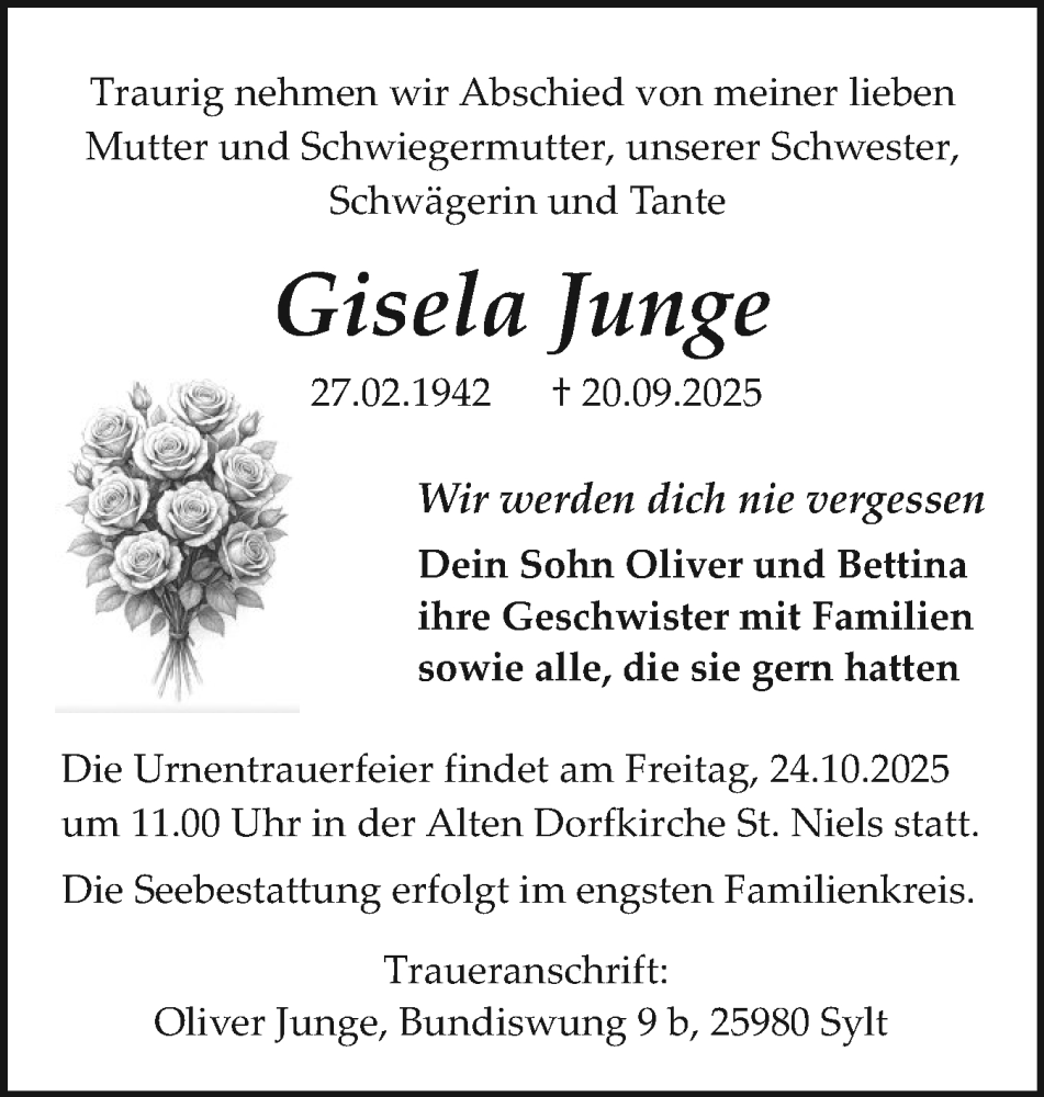  Traueranzeige für Gisela Junge vom 11.10.2025 aus Sylter Rundschau