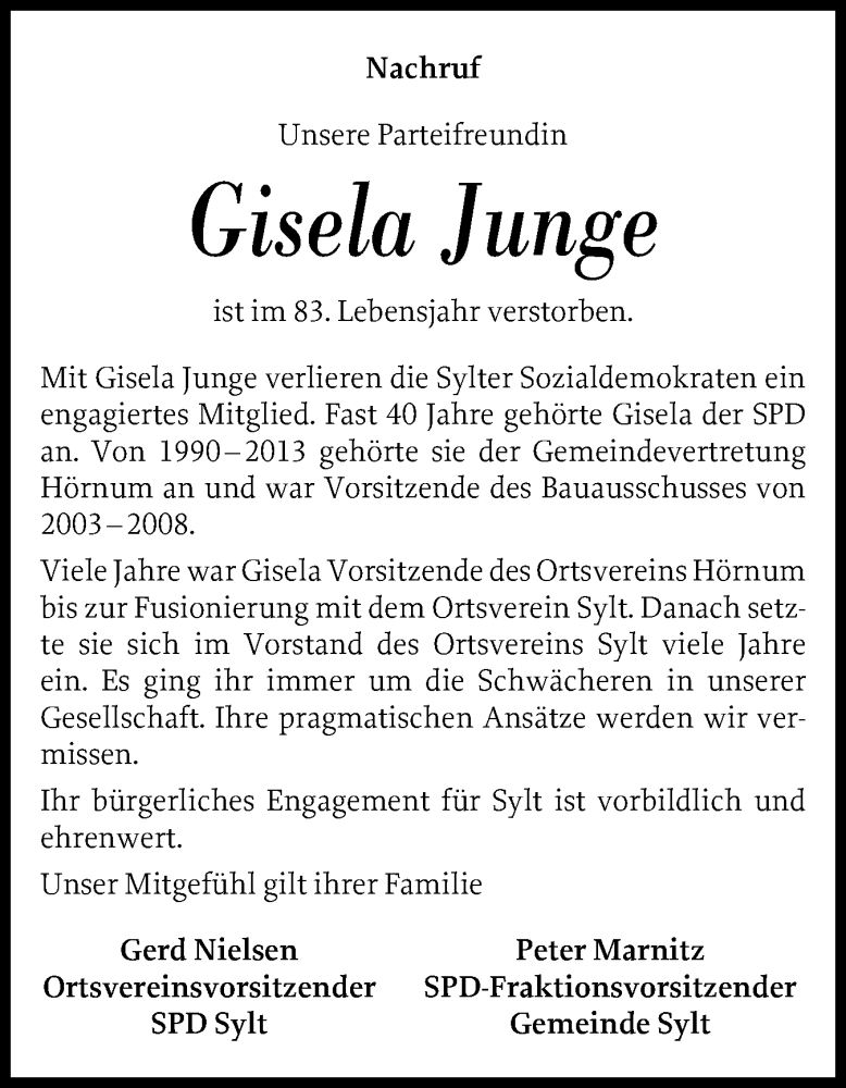  Traueranzeige für Gisela Junge vom 25.10.2025 aus Sylter Rundschau