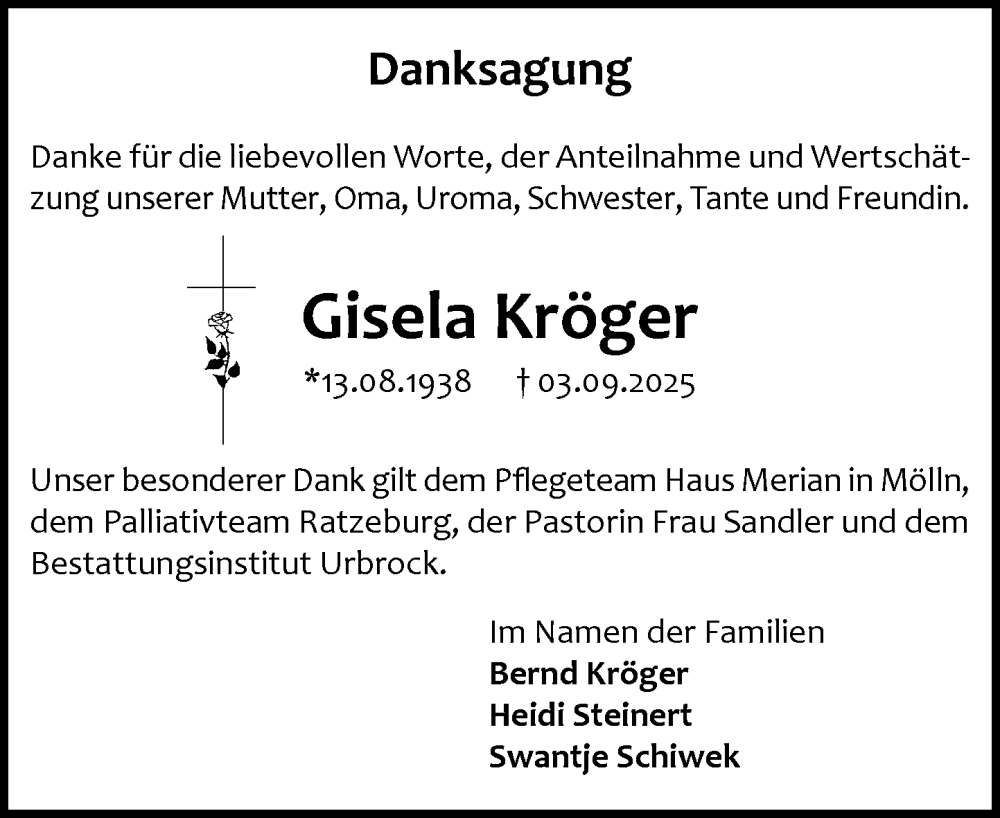  Traueranzeige für Gisela Kröger vom 04.10.2025 aus MARKT Ratzeburg/Mölln
