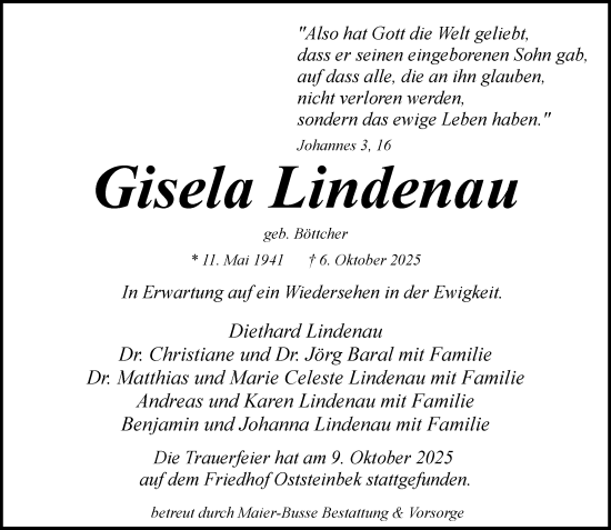 Traueranzeige von Gisela Lindenau von MARKT Glinde/Reinfeld