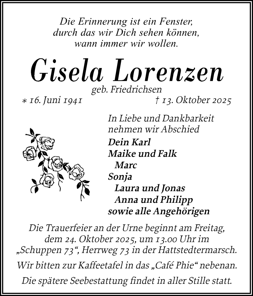  Traueranzeige für Gisela Lorenzen vom 17.10.2025 aus Husumer Nachrichten, Nordfriesland Tageblatt