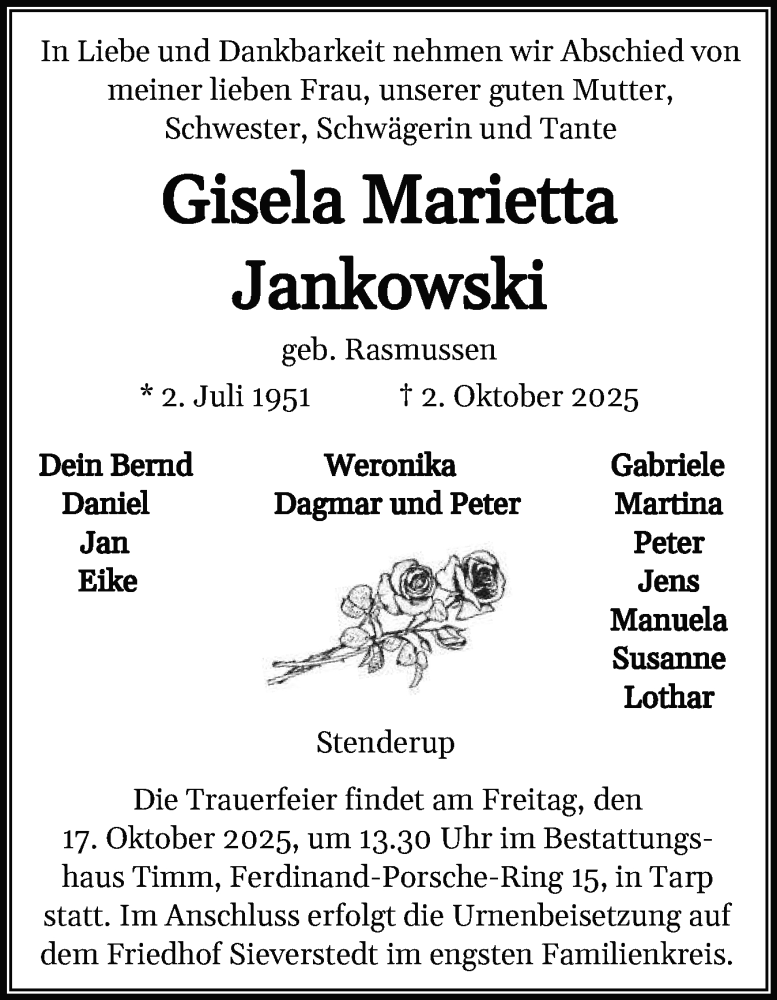  Traueranzeige für Gisela Marietta Jankowski vom 11.10.2025 aus Flensburger Tageblatt