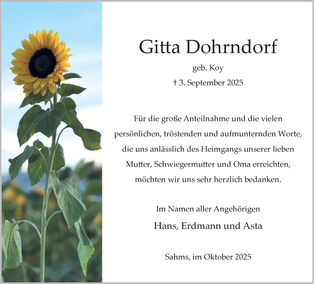  Traueranzeige für Gitta Dohrndorf vom 11.10.2025 aus Wochenend Anzeiger