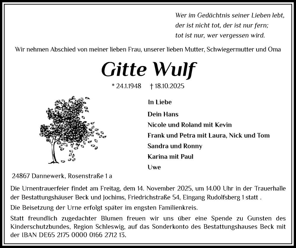  Traueranzeige für Gitte Wulf vom 25.10.2025 aus Schleswiger Nachrichten, Schlei-Bote