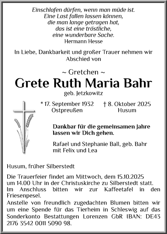 Traueranzeige von Grete Ruth Maria Bahr von Schleswiger Nachrichten, Schlei-Bote