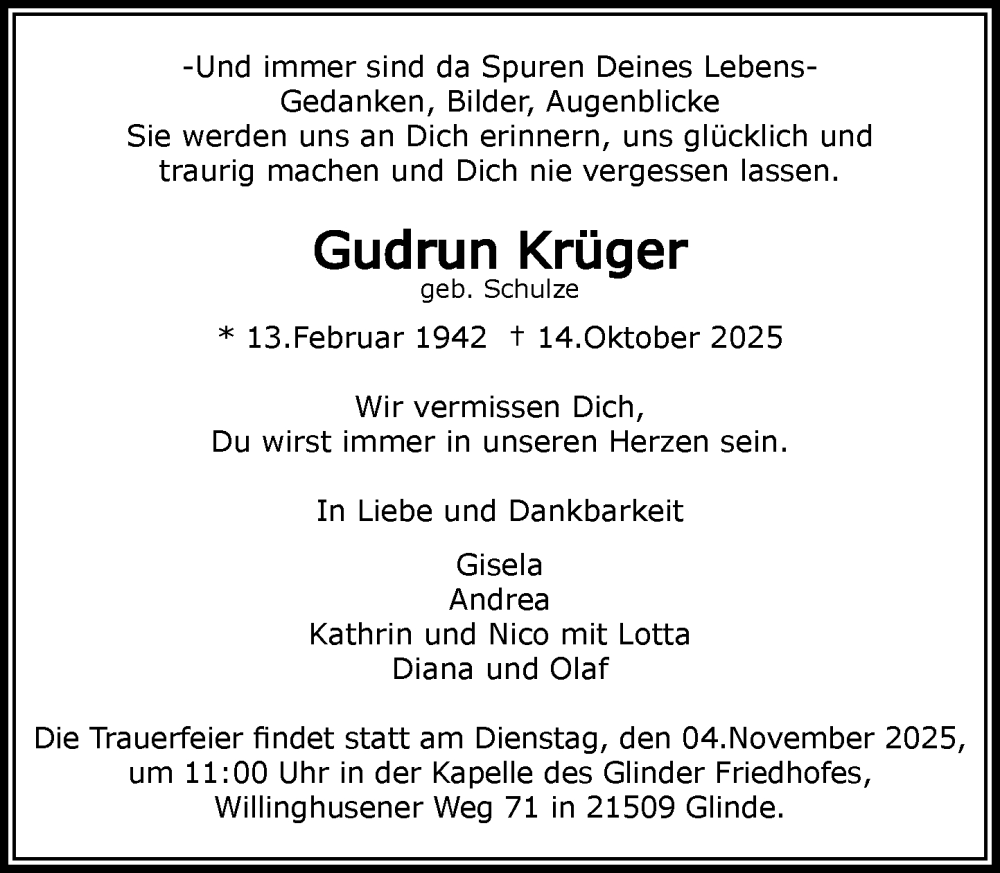 Traueranzeige für Gudrun Krüger vom 25.10.2025 aus MARKT Glinde/Reinfeld