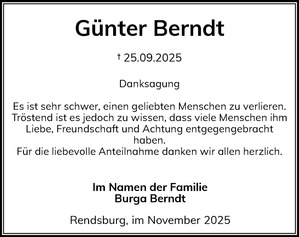  Traueranzeige für Günter Berndt vom 01.11.2025 aus Schleswig-Holsteinische Landeszeitung