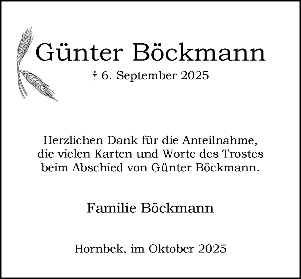  Traueranzeige für Günter Böckmann vom 11.10.2025 aus MARKT Ratzeburg/Mölln