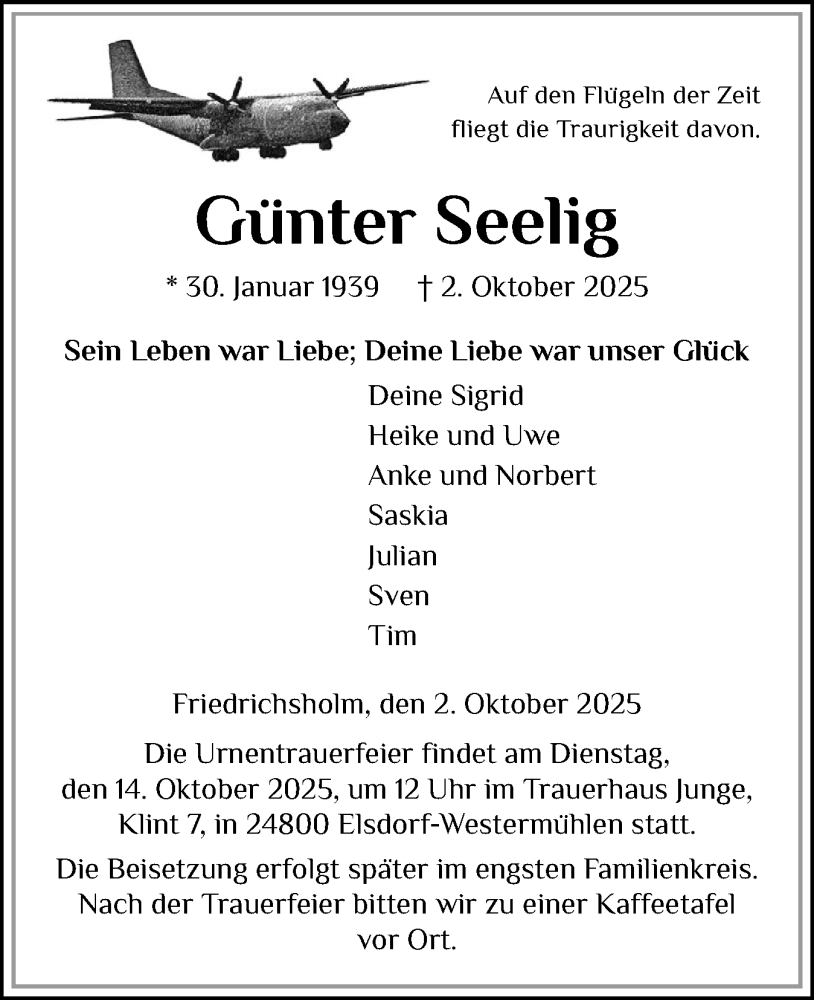  Traueranzeige für Günter Seelig vom 07.10.2025 aus Schleswig-Holsteinische Landeszeitung