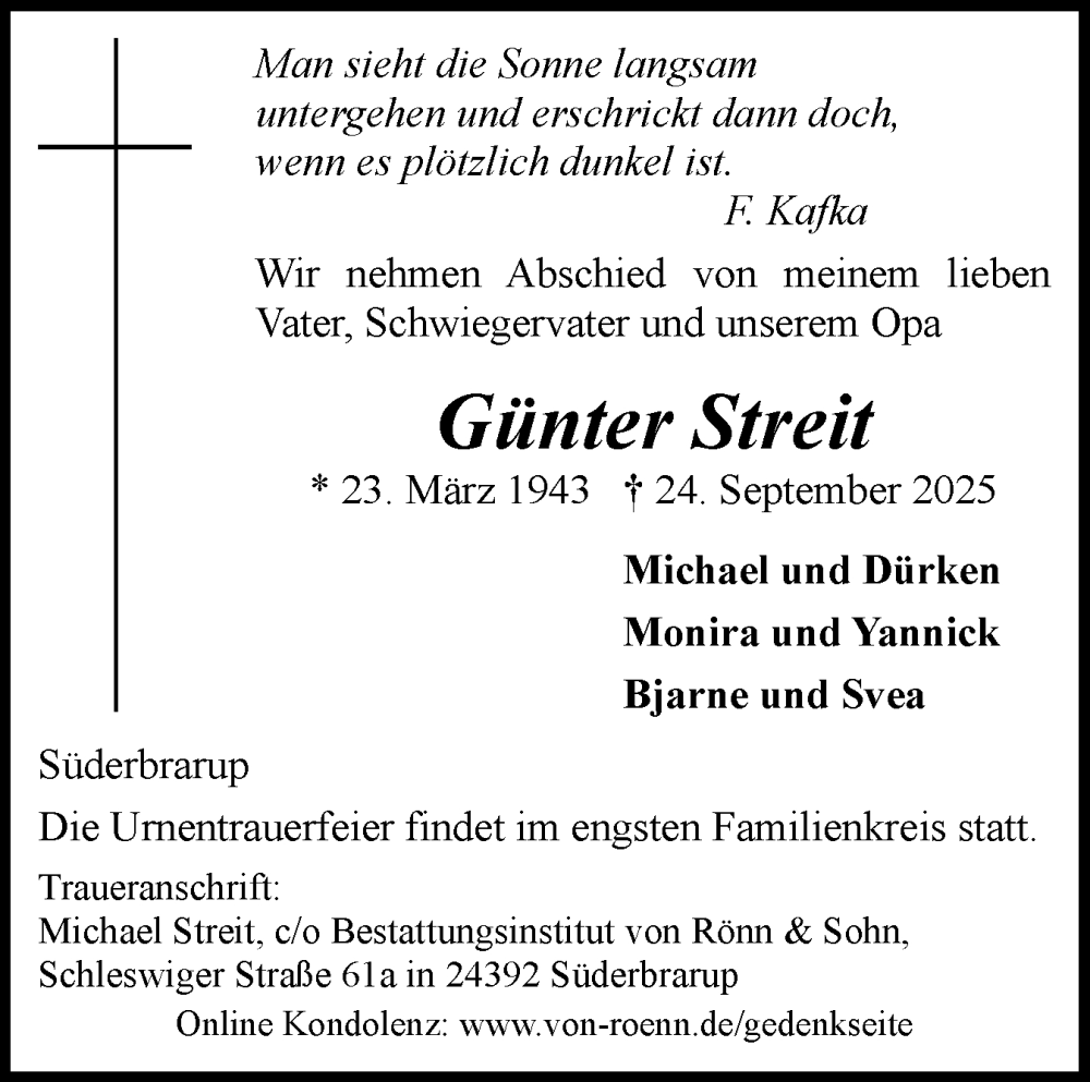 Traueranzeige für Günter Streit vom 04.10.2025 aus Flensburger Tageblatt, Schleswiger Nachrichten, Schlei-Bote