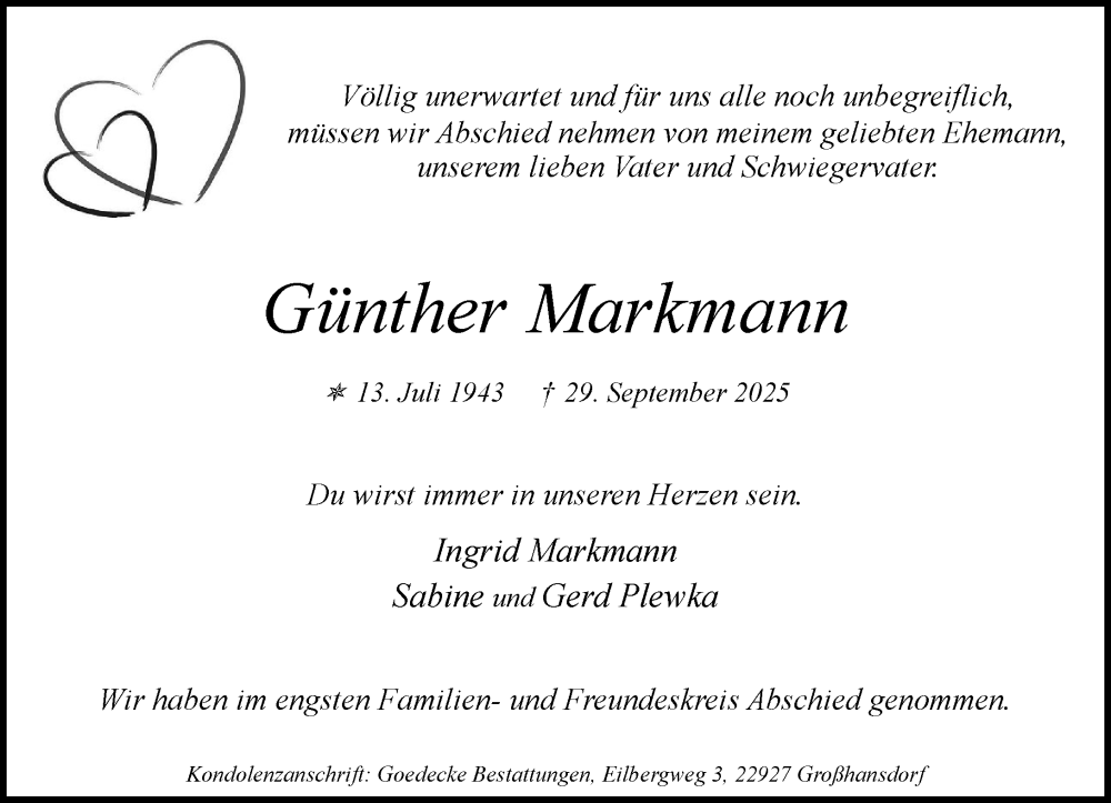  Traueranzeige für Günther Markmann vom 11.10.2025 aus MARKT Ahrensburg/Bargteheide/Trittau und Stormarner Tageblatt