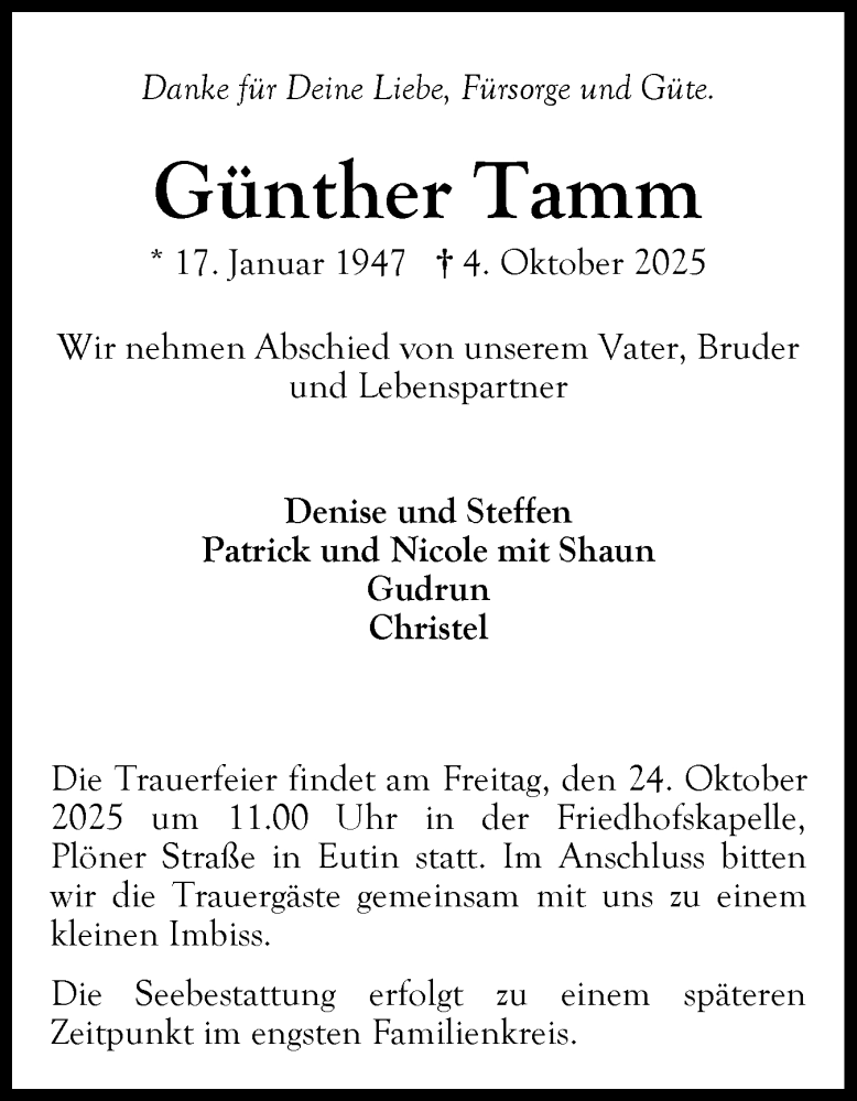  Traueranzeige für Günther Tamm vom 14.10.2025 aus Schleswigholsteiner Zeitung Trauer