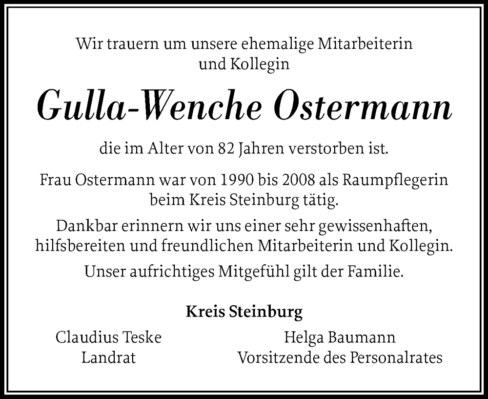  Traueranzeige für Gulla-Wenche Ostermann vom 06.10.2025 aus Norddeutsche Rundschau, Wilstersche Zeitung, Glückstädter Fortuna