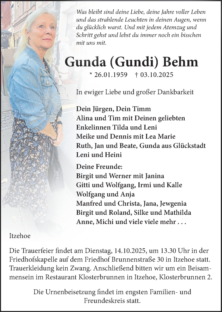  Traueranzeige für Gunda Behm vom 11.10.2025 aus Norddeutsche Rundschau, Wilstersche Zeitung, Glückstädter Fortuna