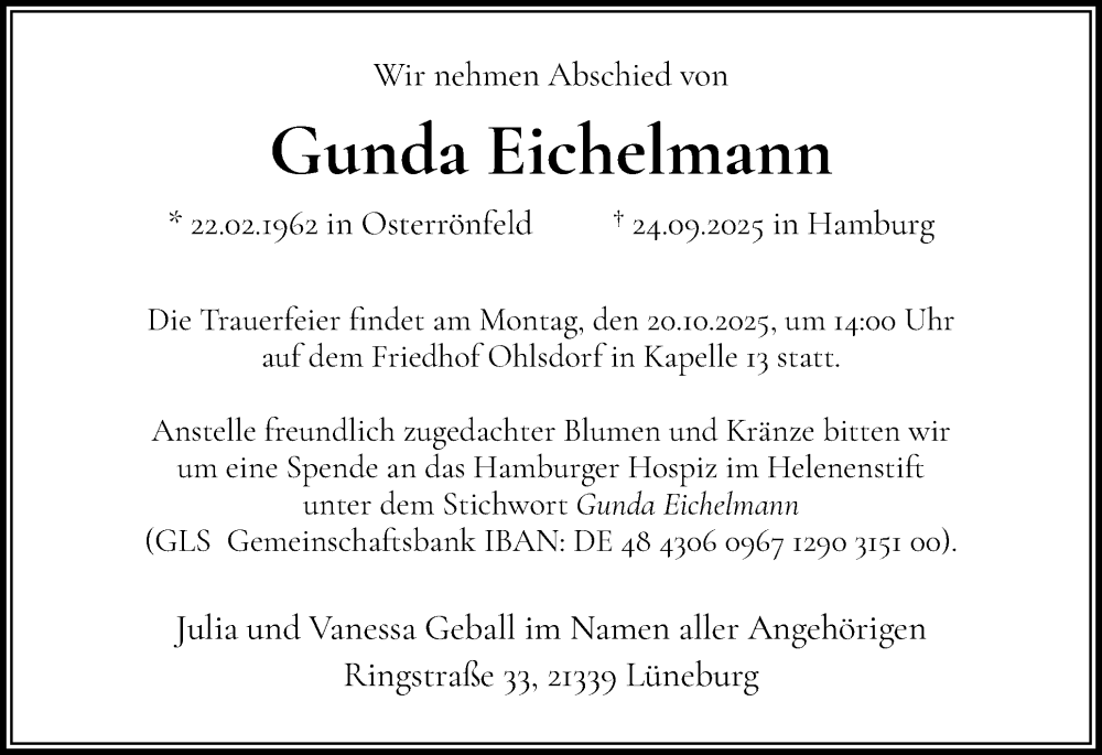  Traueranzeige für Gunda Eichelmann vom 11.10.2025 aus Flensburger Tageblatt