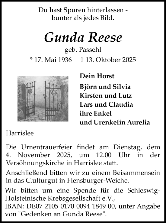 Traueranzeige von Gunda Reese von Flensburger Tageblatt