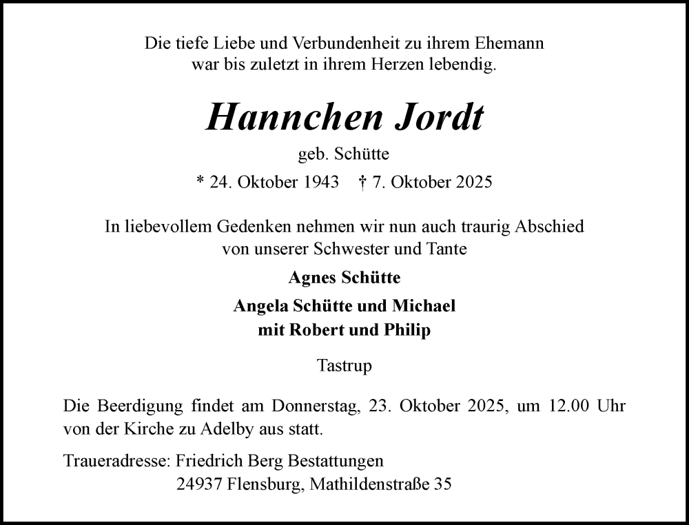  Traueranzeige für Hannchen Jordt vom 18.10.2025 aus Flensburger Tageblatt