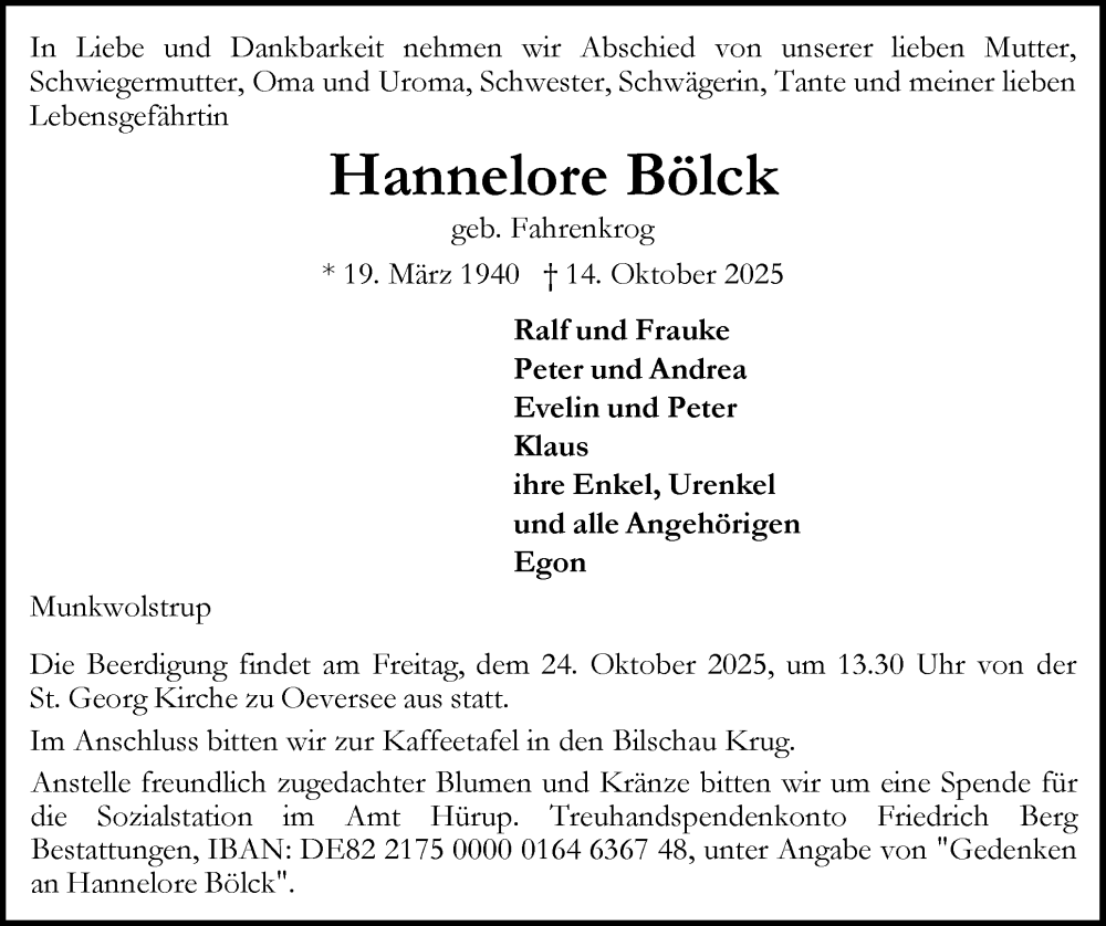  Traueranzeige für Hannelore Bölck vom 18.10.2025 aus Flensburger Tageblatt, Schleswiger Nachrichten, Schlei-Bote