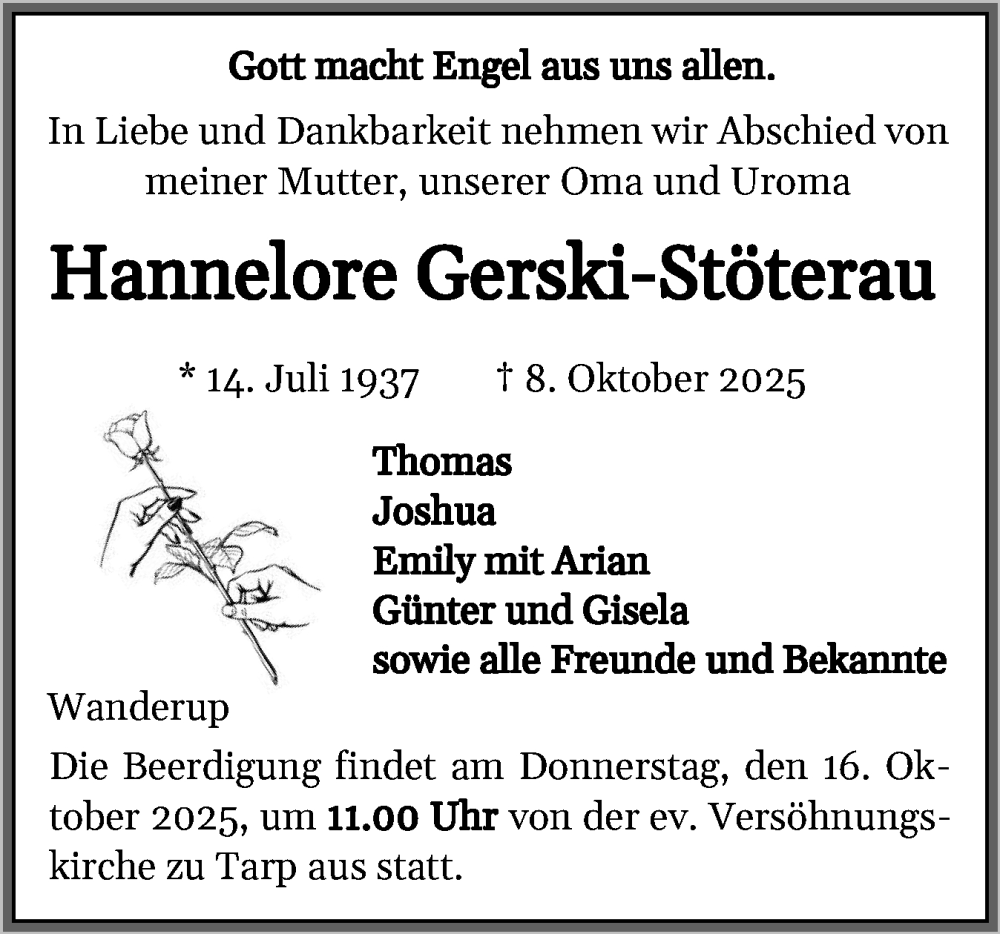  Traueranzeige für Hannelore Gerski-Stöterau vom 11.10.2025 aus Flensburger Tageblatt