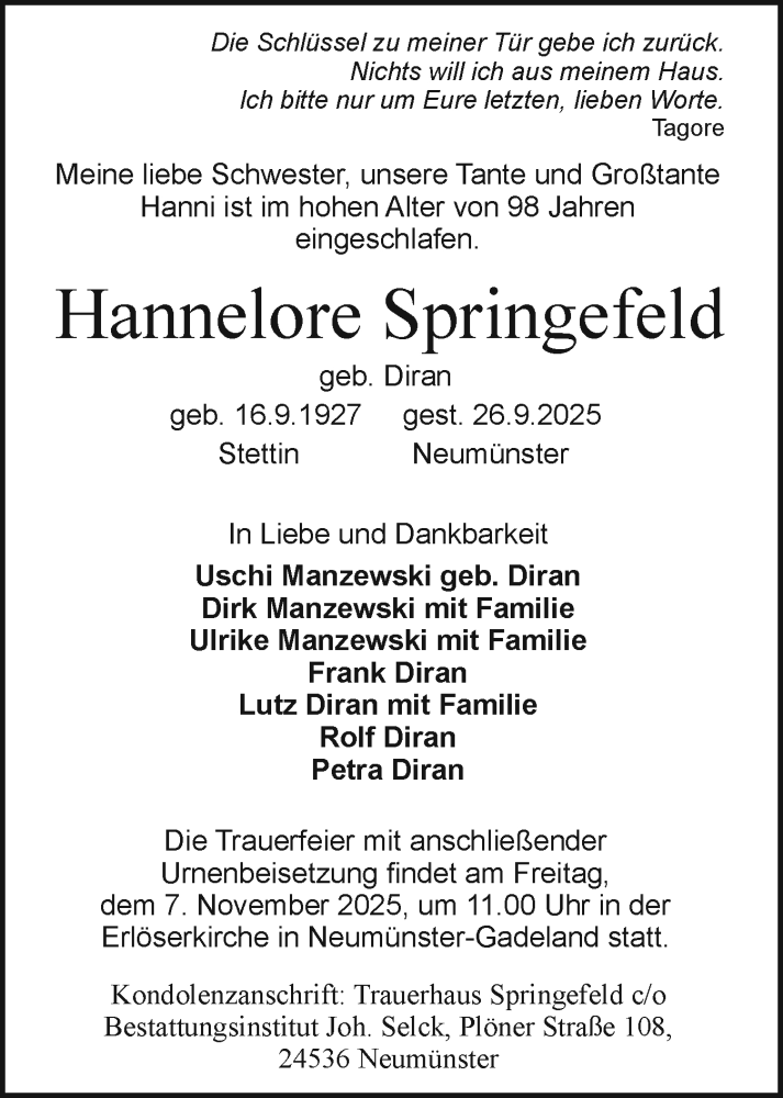  Traueranzeige für Hannelore Springefeld vom 01.11.2025 aus Holsteinischer Courier