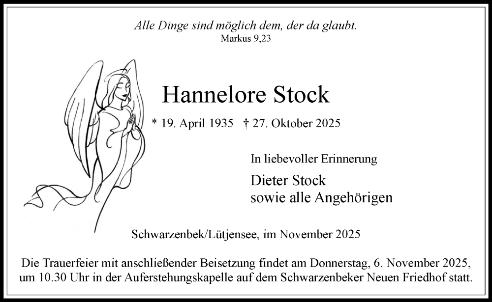  Traueranzeige für Hannelore Stock vom 01.11.2025 aus Wochenend Anzeiger