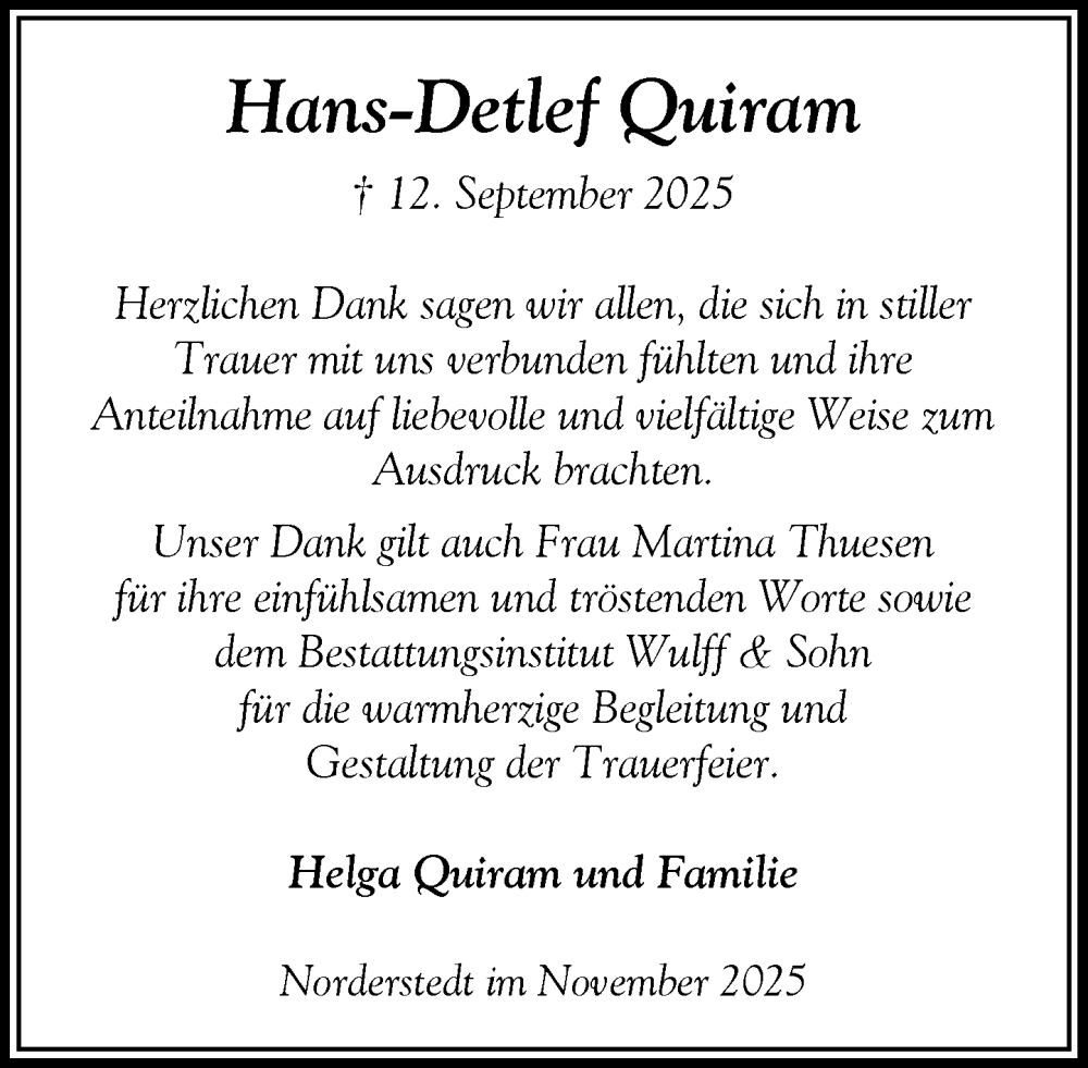  Traueranzeige für Hans-Detlef Quiram vom 01.11.2025 aus Heimatspiegel