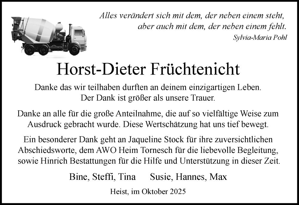  Traueranzeige für Hans-Dieter Früchtenicht vom 18.10.2025 aus Uetersener Nachrichten, Der tip am Wochenende