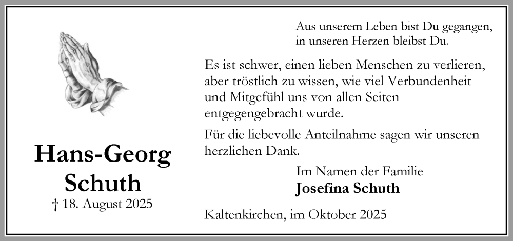  Traueranzeige für Hans-Georg Schuth vom 18.10.2025 aus Umschau