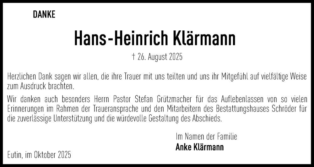  Traueranzeige für Hans-Heinrich Klärmann vom 04.10.2025 aus Ostholsteiner Anzeiger