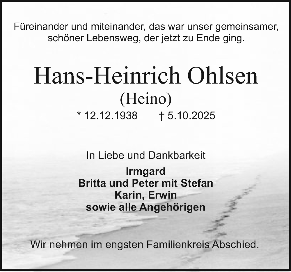  Traueranzeige für Hans-Heinrich Ohlsen vom 11.10.2025 aus Holsteinischer Courier