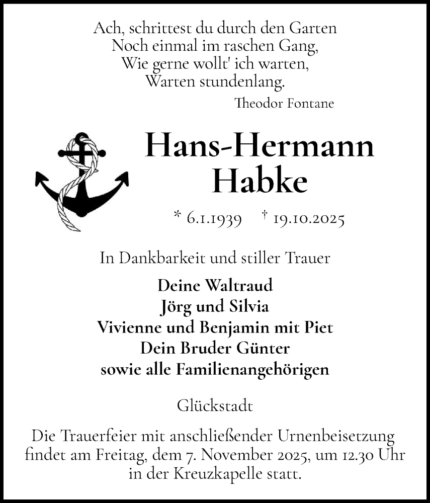  Traueranzeige für Hans-Hermann Habke vom 01.11.2025 aus Norddeutsche Rundschau, Wilstersche Zeitung, Glückstädter Fortuna
