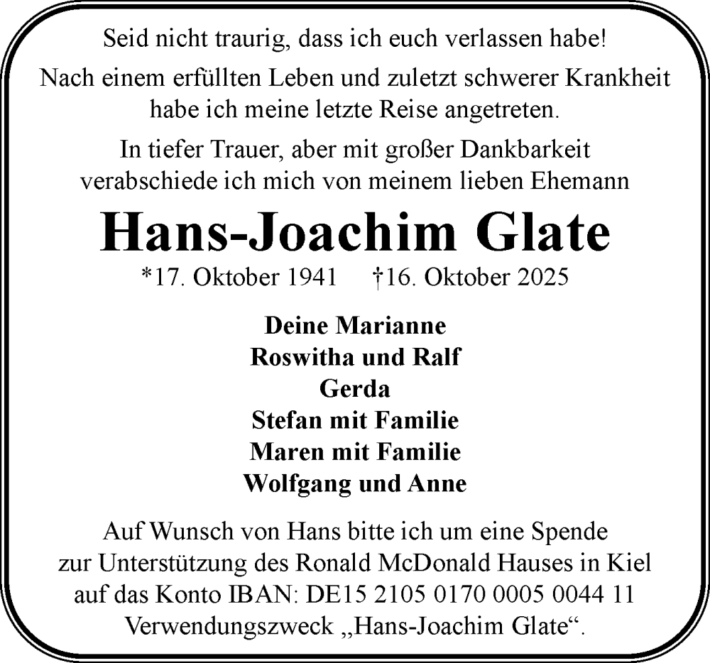  Traueranzeige für Hans-Joachim Glate vom 25.10.2025 aus Schleswig-Holsteinische Landeszeitung