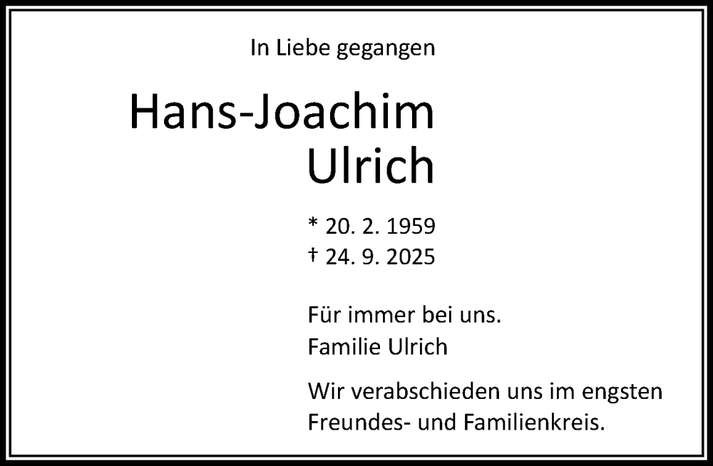  Traueranzeige für Hans-Joachim Ulrich vom 11.10.2025 aus MARKT Bad Oldesloe/Reinfeld und Stormarner Tageblatt