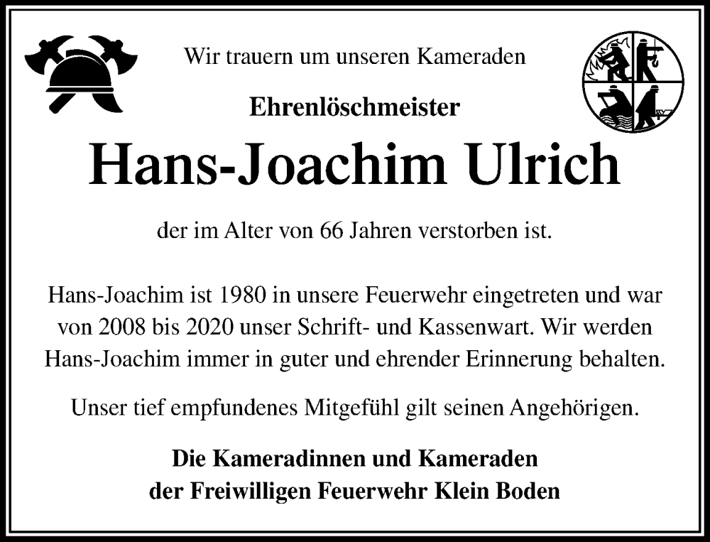  Traueranzeige für Hans-Joachim Ulrich vom 18.10.2025 aus MARKT Bad Oldesloe/Reinfeld und Stormarner Tageblatt