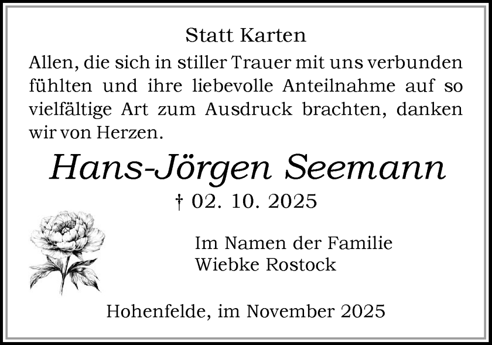  Traueranzeige für Hans-Jörgen Seemann vom 01.11.2025 aus Norddeutsche Rundschau, Wilstersche Zeitung, Glückstädter Fortuna