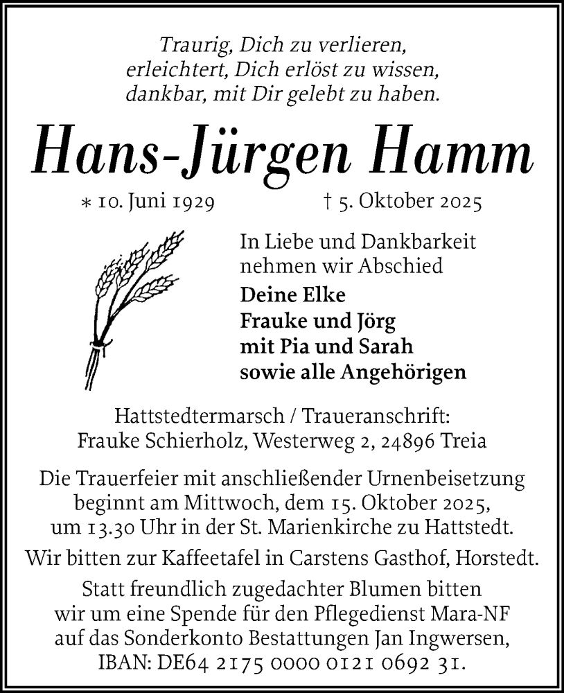  Traueranzeige für Hans-Jürgen Hamm vom 09.10.2025 aus Husumer Nachrichten, Nordfriesland Tageblatt