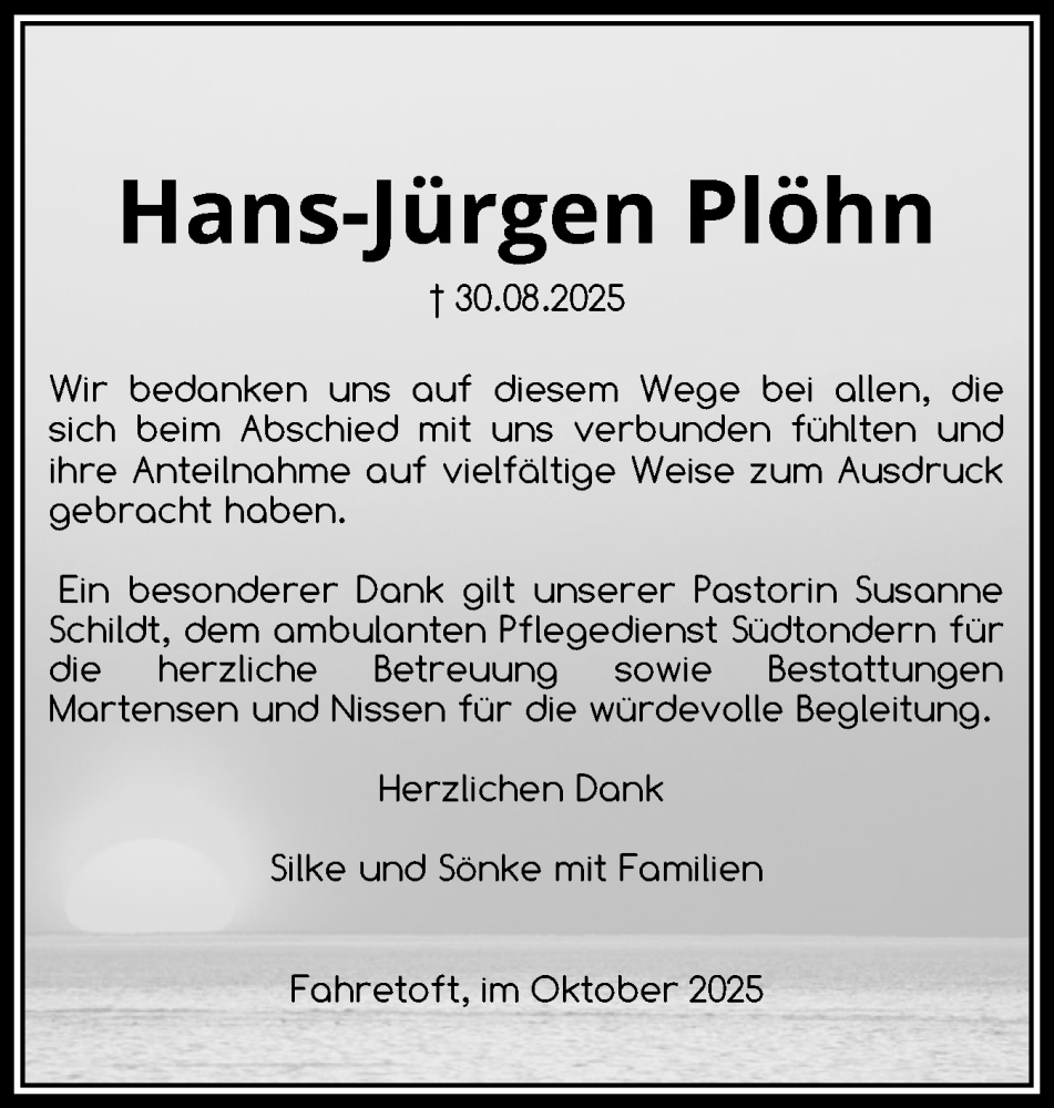  Traueranzeige für Hans-Jürgen Plöhn vom 11.10.2025 aus Husumer Nachrichten, Nordfriesland Tageblatt