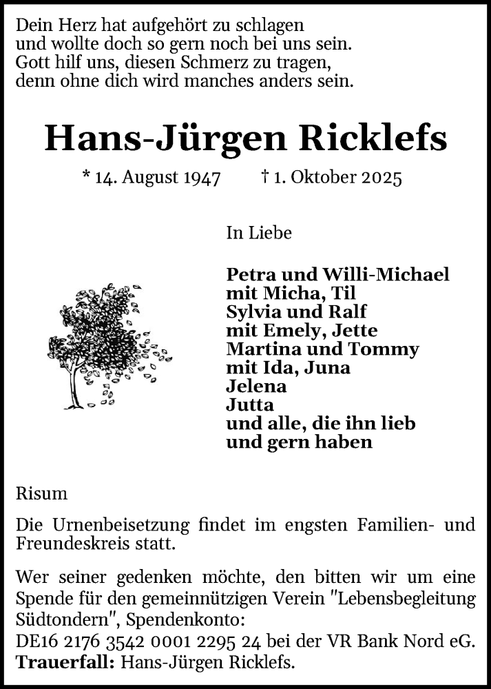  Traueranzeige für Hans-Jürgen Ricklefs vom 11.10.2025 aus Husumer Nachrichten, Nordfriesland Tageblatt