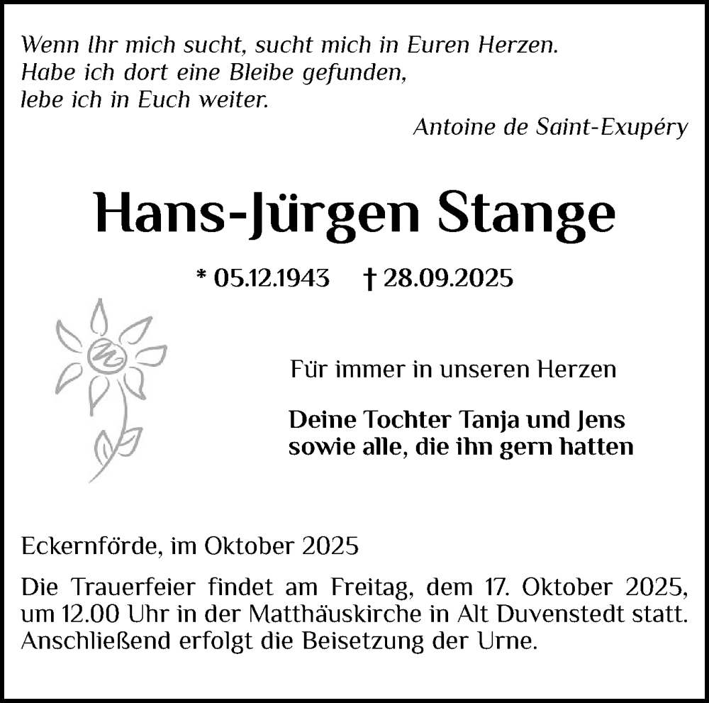  Traueranzeige für Hans-Jürgen Stange vom 11.10.2025 aus Eckernförder Zeitung
