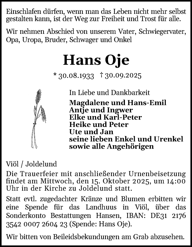  Traueranzeige für Hans Oje vom 11.10.2025 aus Husumer Nachrichten, Nordfriesland Tageblatt