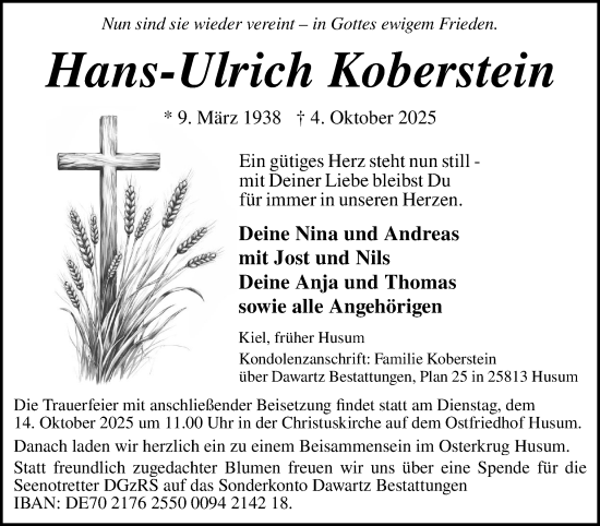 Traueranzeige von Hans-Ulrich Koberstein von Husumer Nachrichten, Nordfriesland Tageblatt