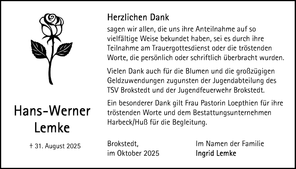  Traueranzeige für Hans-Werner Lemke vom 18.10.2025 aus Norddeutsche Rundschau, Wilstersche Zeitung, Glückstädter Fortuna