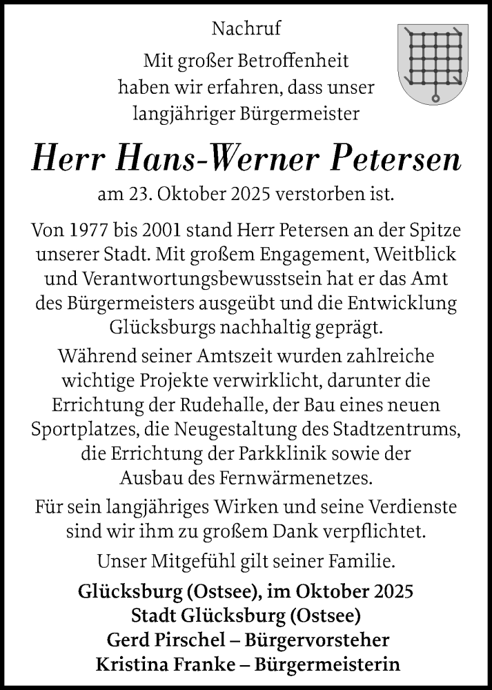  Traueranzeige für Hans-Werner Petersen vom 01.11.2025 aus Flensburger Tageblatt