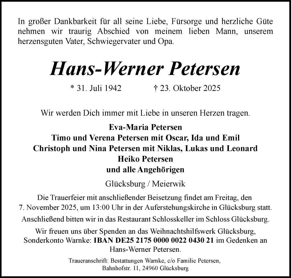  Traueranzeige für Hans-Werner Petersen vom 01.11.2025 aus Flensburger Tageblatt